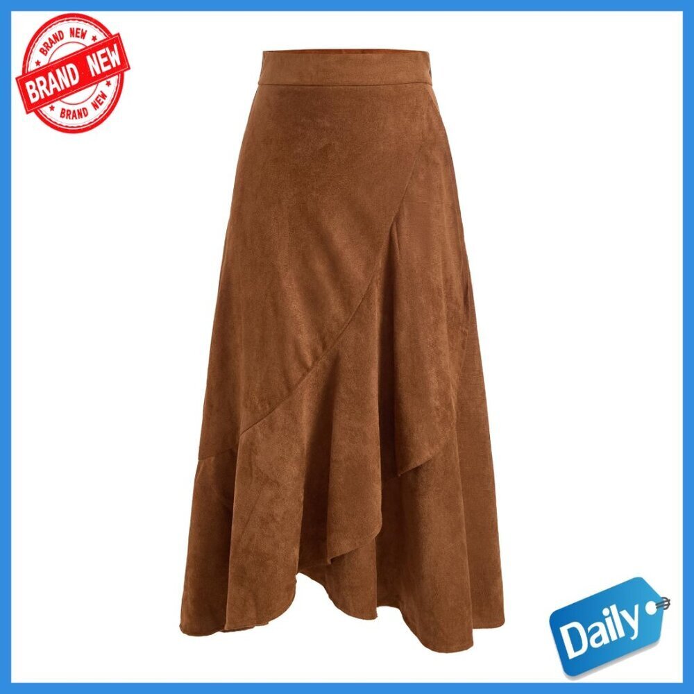 Vintage Faux Suede Wrap Skirt High Waisted Asymmetrical Midi Work Office